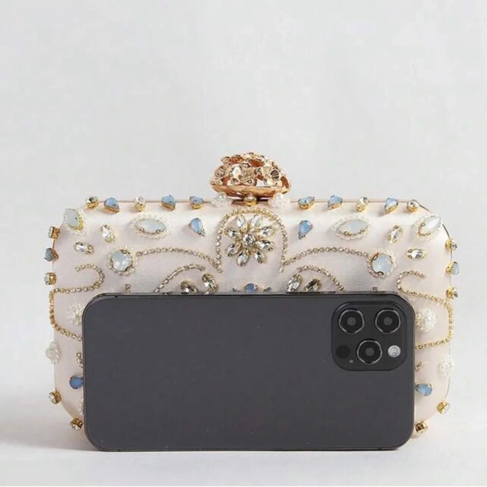 Embellished Ivory Crystal Evening Clutch with Gold Chain